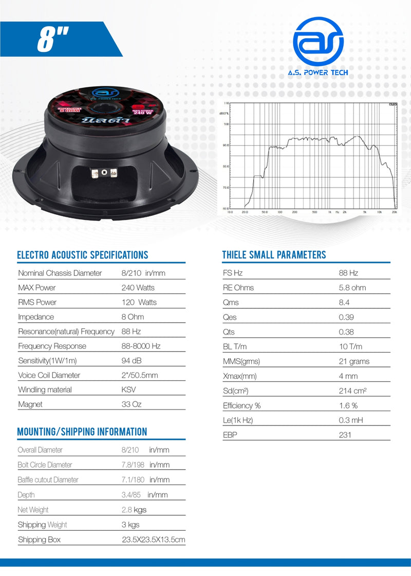 ดอกเสียงกลาง 8" AS. POWER TECH รุ่น 8" นิลดำ (ราคา/ดอก)